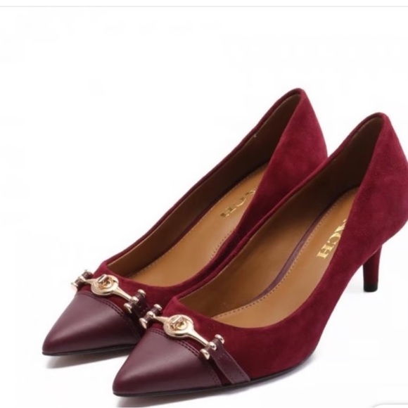 Elegant Burgundy Heels with Gold Accents - Picture 1 of 9